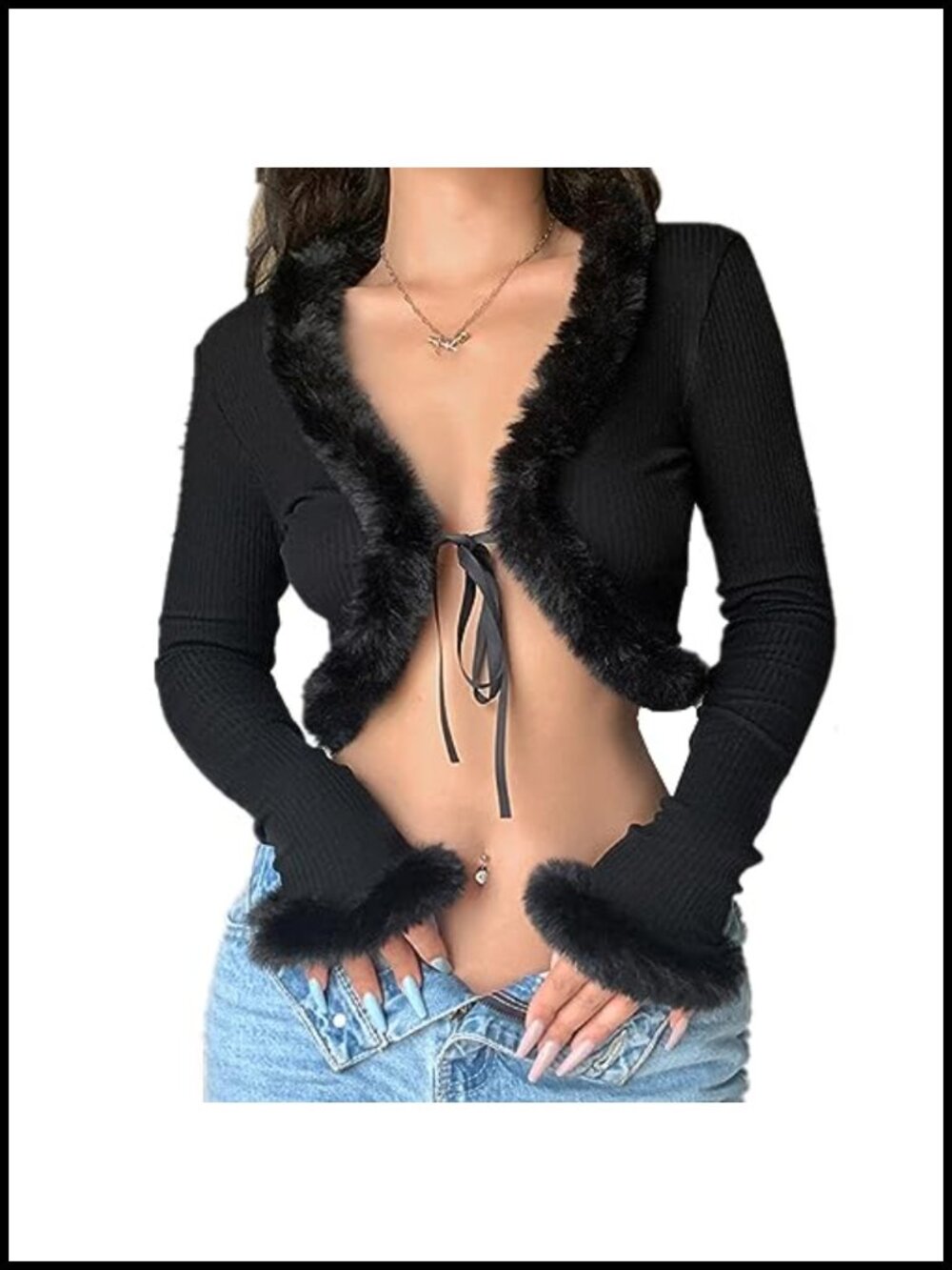Faux Fur Feather Trim Crop Cardigan Tie-Up Rave Festival Clubwear